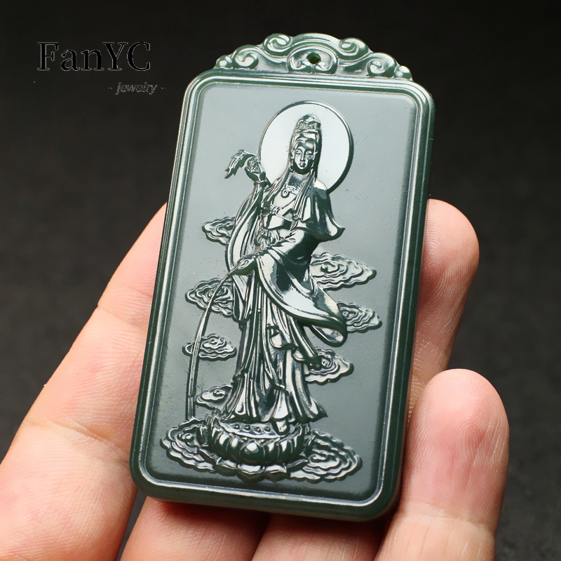 Ethnic Fashion For Men - Hetian Jade Qingyu Guanyin kalung ukiran